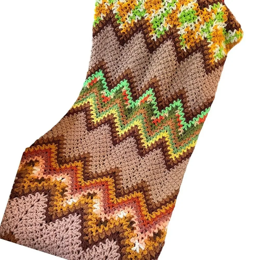 Handmade Afghan Retro Crochet Blanket‎ Chevron Brown Green 70s Style VTG 45